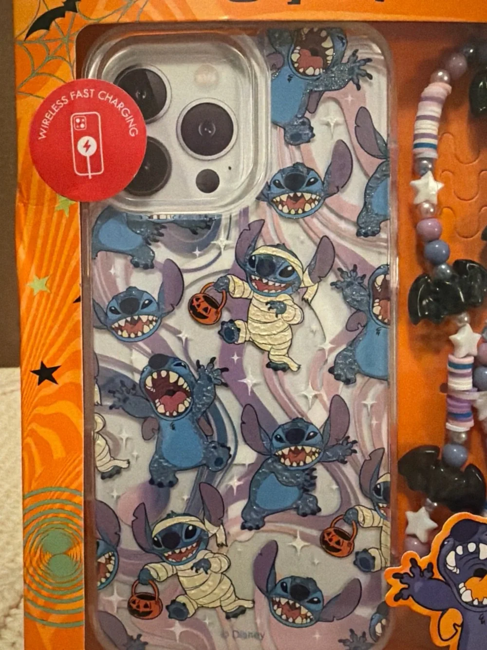 Disney Stitch Halloween iPhone Case with Purple and Blue Beaded Strap